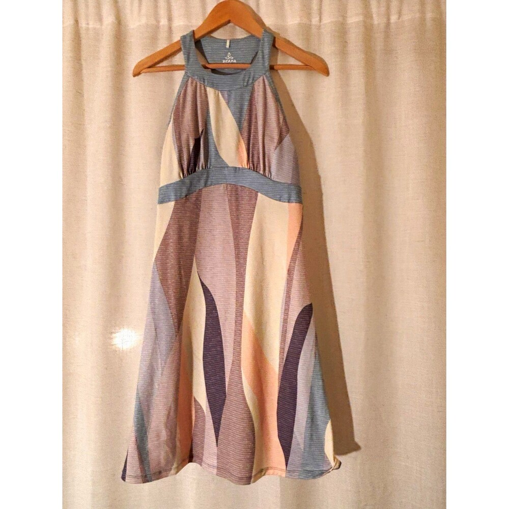 prAna Blue/Gray/Pink Fairycore Geometric Halter A-Line Knit Stretch Dress, XS